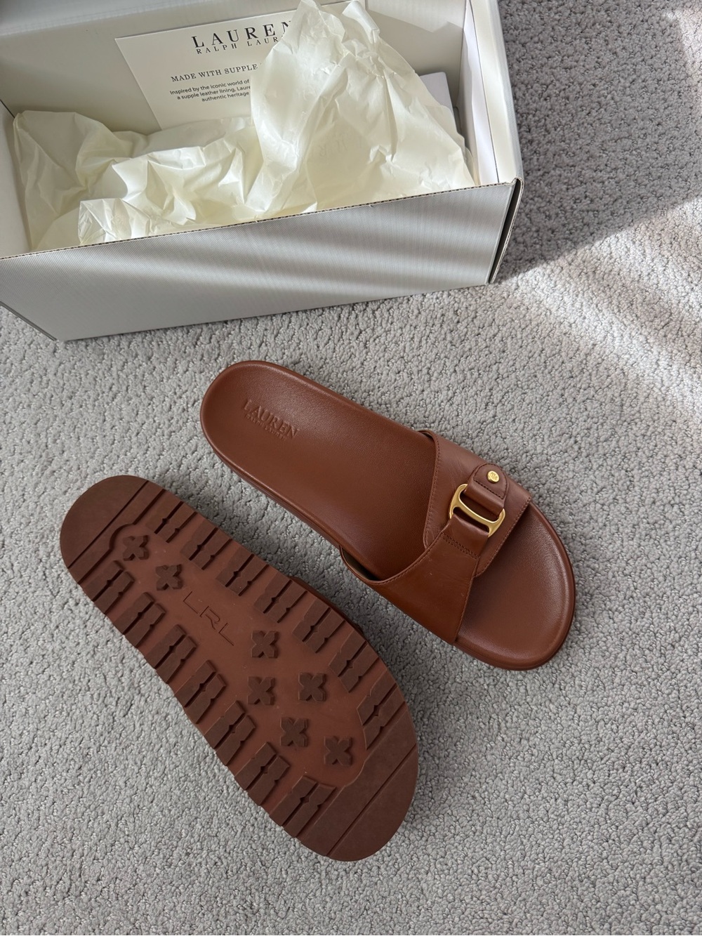 Lauren Ralph Lauren Brown Leather Slide Sandals with Gold Buckle